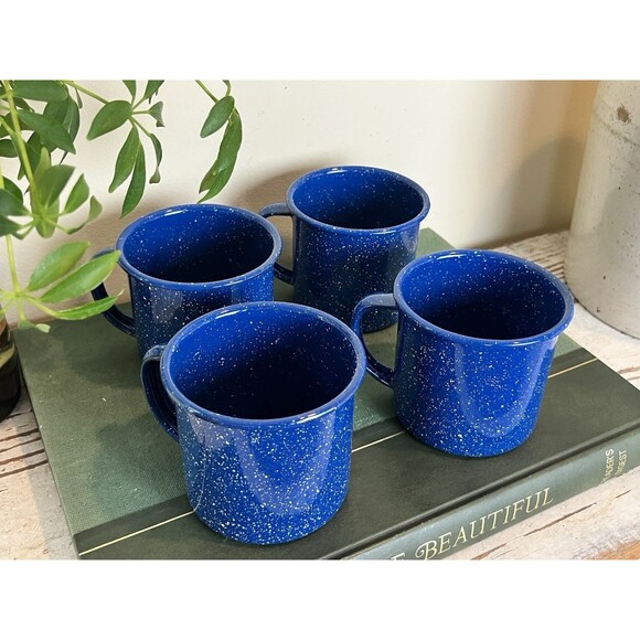 Vintage Blue Speckled Enamelware Metal Coffee Cups Mugs Set Of 4, Cabin Camping - Picture 8 of 8